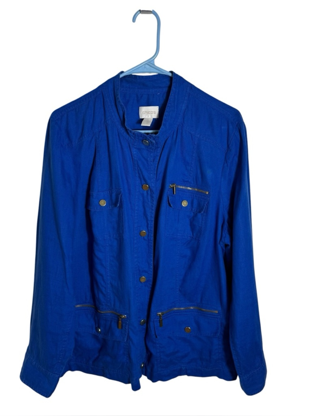 Chico’s Linen Utility Jacket Blue Snap Front Pockets Size 3 Large‎